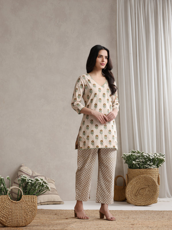 Floral Printed Cotton V-Neck Tunic With Trouser Co-Ords