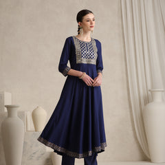 Floral Embroidered Sequinned Round Neck Anarkali Kurta With Palazzos & Dupatta