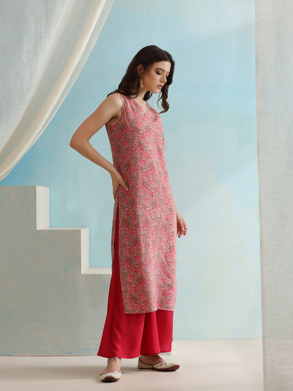 Paisley Printed V-Neck Sleeveless Kurta with Palazzos & With Dupatta
