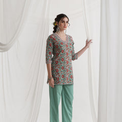 Floral Printed Square Neck Pure Cotton Straight Kurti With Palazzos & Dupatta
