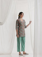 Floral Printed Square Neck Pure Cotton Straight Kurti With Palazzos & Dupatta
