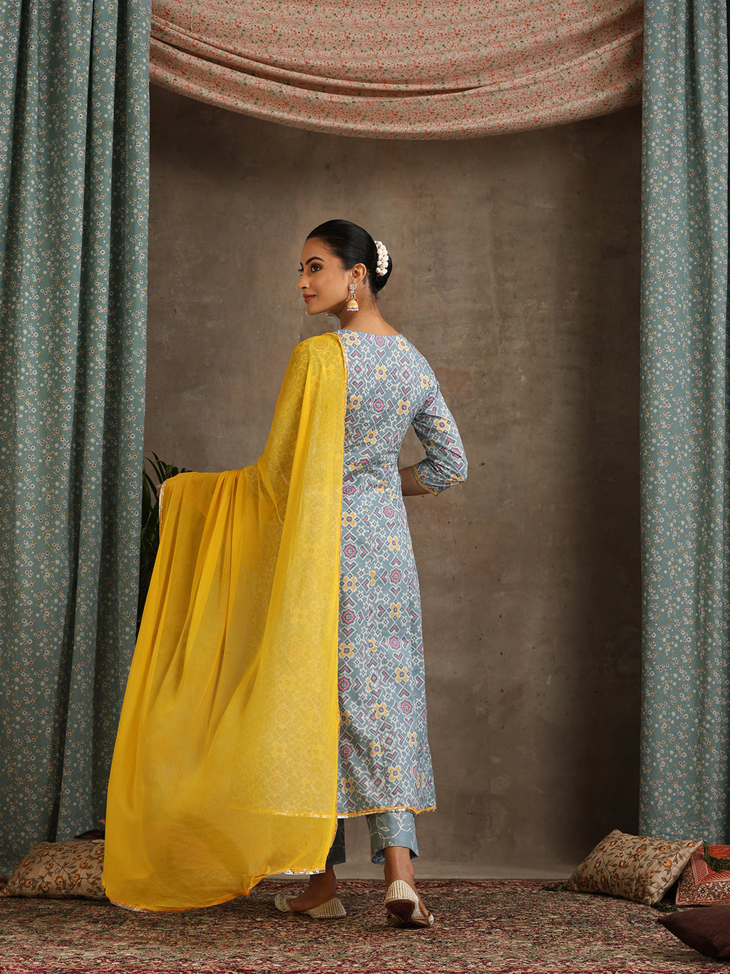 Floral Printed Panelled Pure Cotton Anarkali Kurta With Palazzo & Dupatta