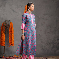 Khushal K Women Cotton Kurta Palazzo Dupatta Set - Blue