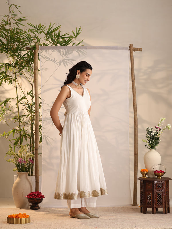 Khushal K Women Cotton Kurta and Palazzo With Dupatta Set - White