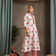 Floral Printed Mandarin Collar Pure Cotton A-Line Kurta With Palazzos & Dupatta