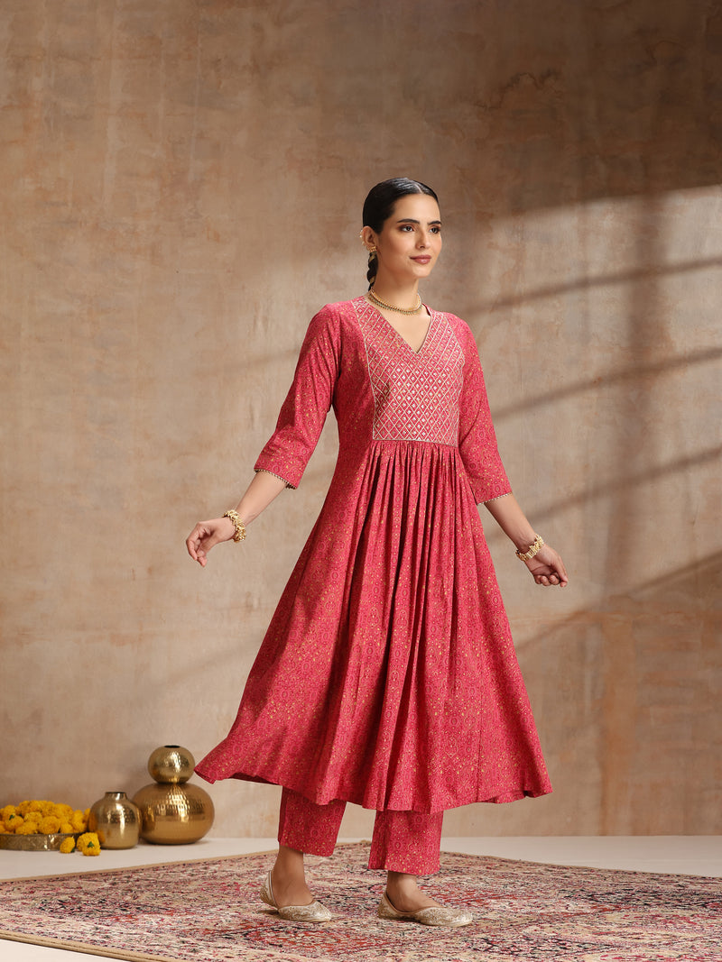Rayon Anarkali Kurta Set featuring intricate  thread embroidery and a graceful, contrast Chiffon dupatta