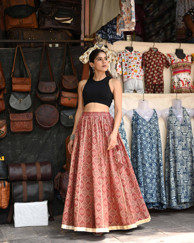 Khushal K Women's Maroon Printed Cotton Flared Maxi Skirt