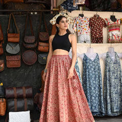 Khushal K Women's Maroon Printed Cotton Flared Maxi Skirt