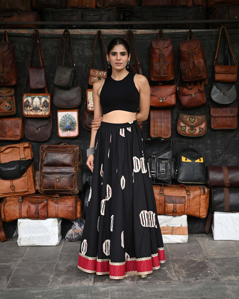 Khushal K Women's Black Printed Cotton Flared Maxi Skirt