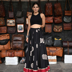 Khushal K Women's Black Printed Cotton Flared Maxi Skirt