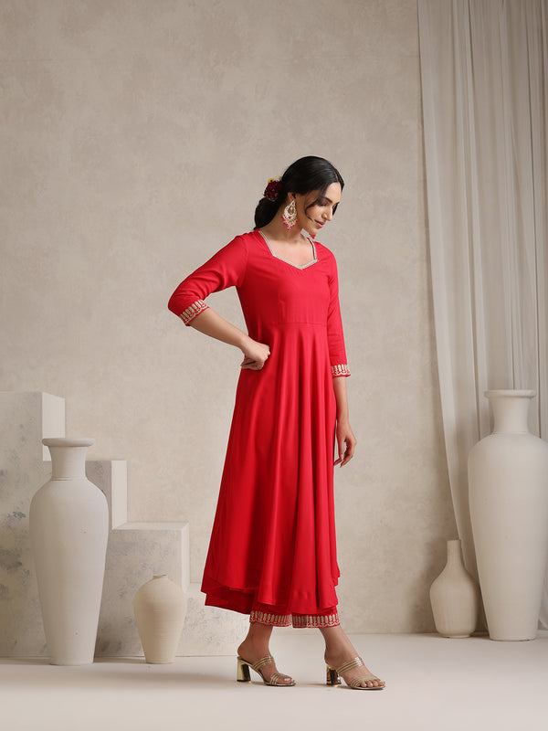 Khushal K Women Red Anarkali Zari Kurta set