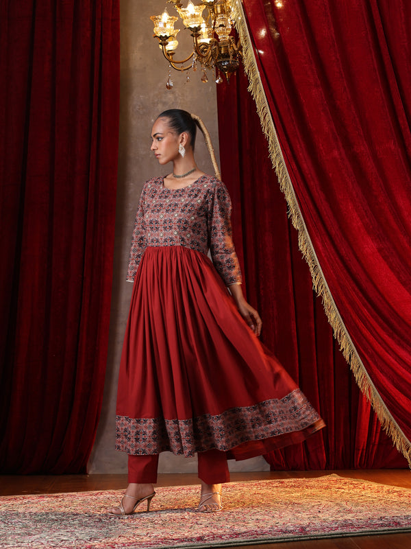 Khushal K Women Cotton kurta and palazzo with dupatta set - Rust