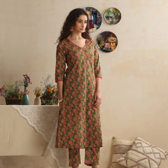 Khushal K Women Floral Printed Regular Pure Cotton Green Kurta & Palazzo With Dupatta