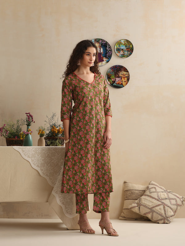 Khushal K Women Floral Printed Regular Pure Cotton Green Kurta & Palazzo With Dupatta