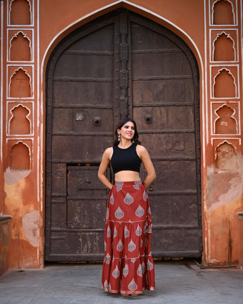 Khushal K Women's Rust Printed Cotton Flared Maxi Skirt