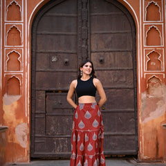 Khushal K Women's Rust Printed Cotton Flared Maxi Skirt