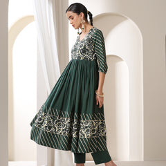 Floral Yoke Design V-Neck Pleated Anarkali Kurta With Palazzos & Dupatta