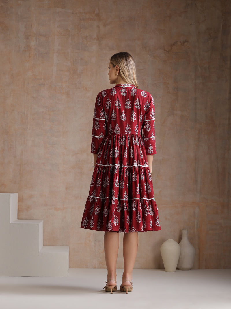 Women Floral Printed Mandarin Collar A-Line Tiered Midi Dress