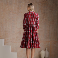 Women Floral Printed Mandarin Collar A-Line Tiered Midi Dress