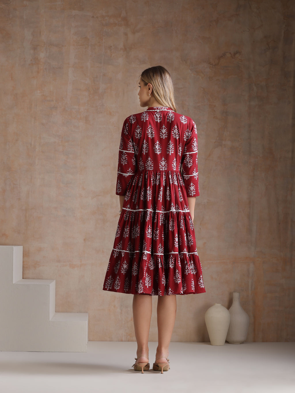 Women Floral Printed Mandarin Collar A-Line Tiered Midi Dress