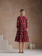 Women Floral Printed Mandarin Collar A-Line Tiered Midi Dress