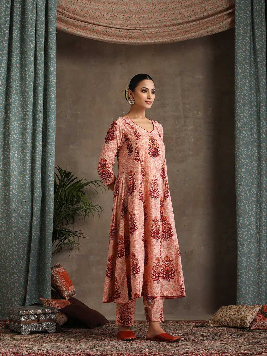 Floral Printed Pure Cotton Anarkali Kurta With Palazzos And Dupatta