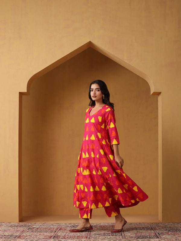 Khushal K Geometric Printed V-Neck Pure Cotton A-Line Kurta set