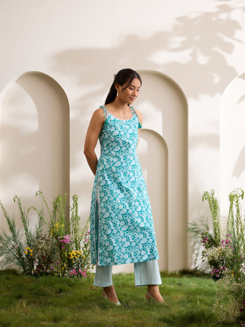 Khushal K Women Cotton Kurta And Palazzo With Dupatta Set - Green