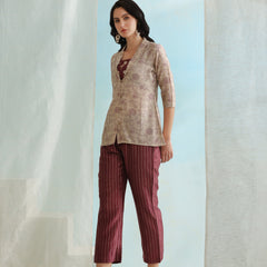 Printed Crop Top & Striped Pant Set with Jacket