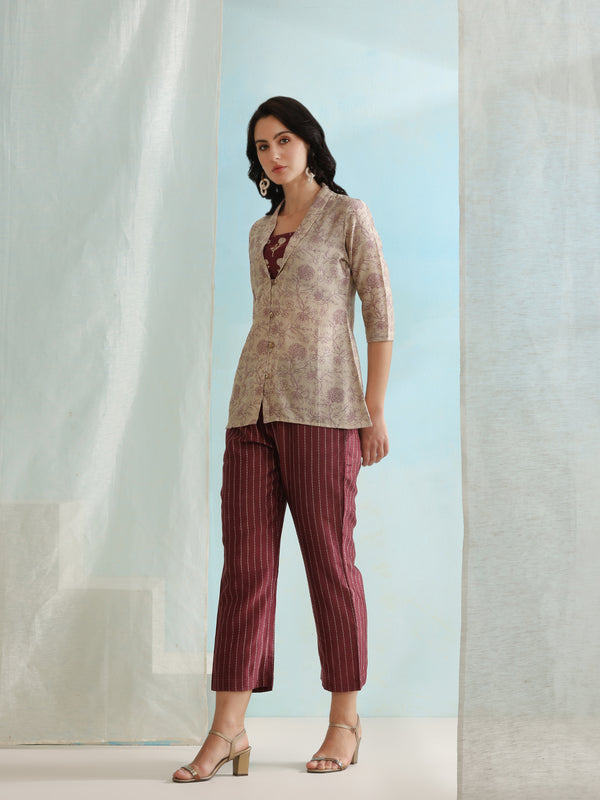 Printed Crop Top & Striped Pant Set with Jacket