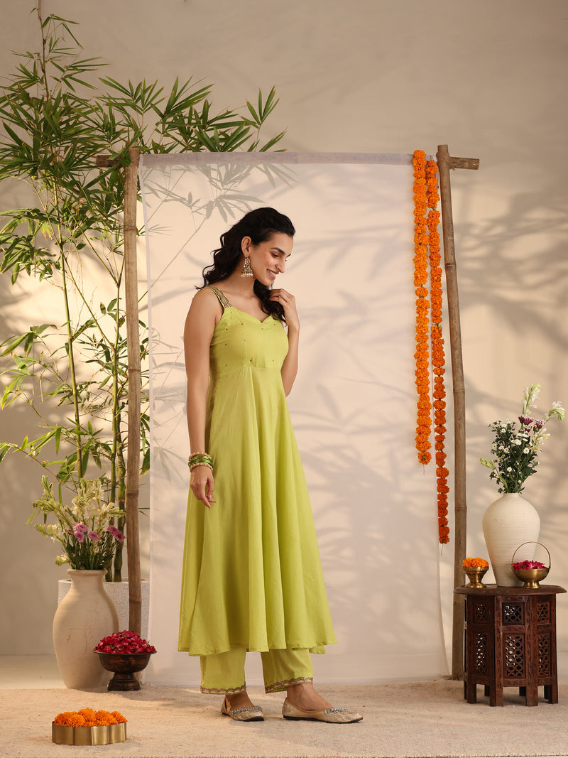 Khushal K Women Cotton Kurta and Palazzo With Dupatta Set - Green