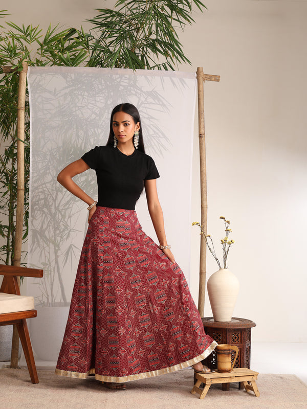 Khushal K Womens Cotton Printed Skirts - Maroon