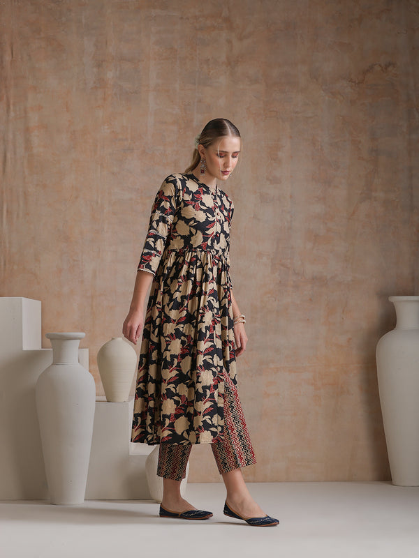 Floral Printed Mandarin Collar Pure Cotton Anarkali Kurta & Palazzos And Dupatta