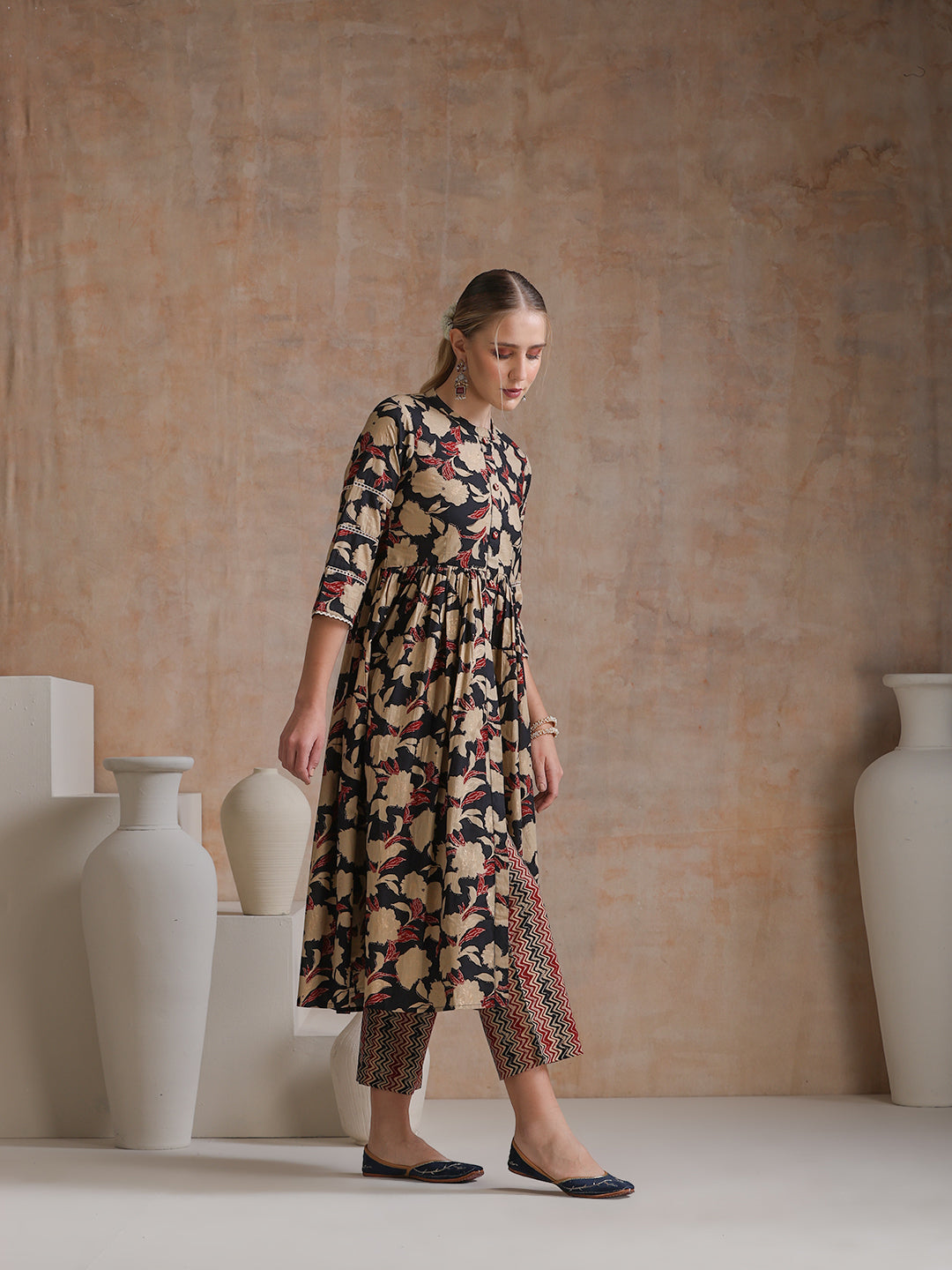 Floral Printed Mandarin Collar Pure Cotton Anarkali Kurta & Palazzos And Dupatta