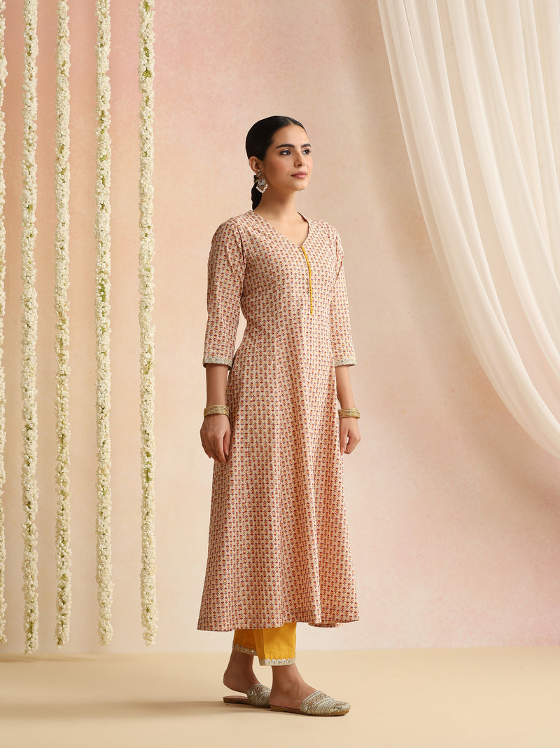 Off-White Block Print Kurta Set with Sunshine Yellow Dupatta