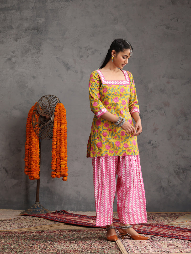 Khushal K Women Cotton Kurta Farsi Salwar Set - Yellow