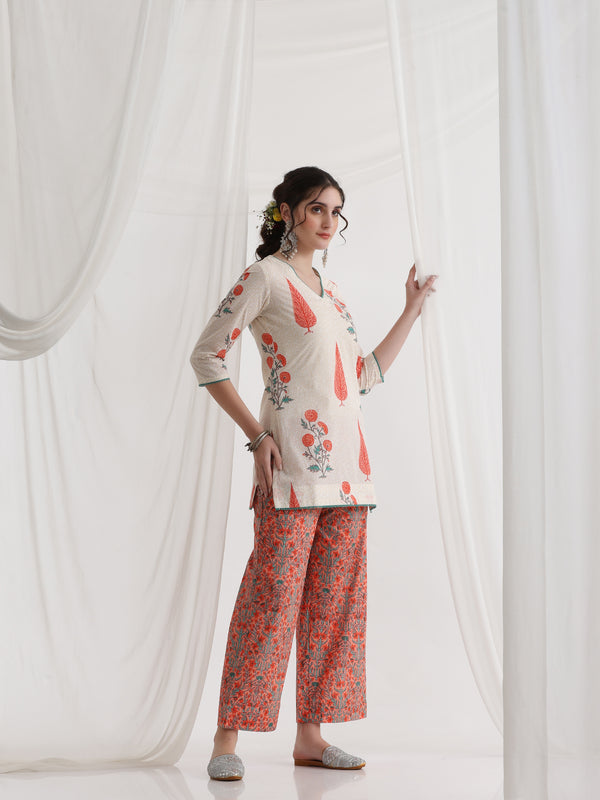Floral Printed V-Neck Pure Cotton Kurti with Palazzos & Dupatta