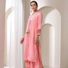 Floral Embroidered Sequinned Jacket Straight Kurta With Palazzos & Dupatta