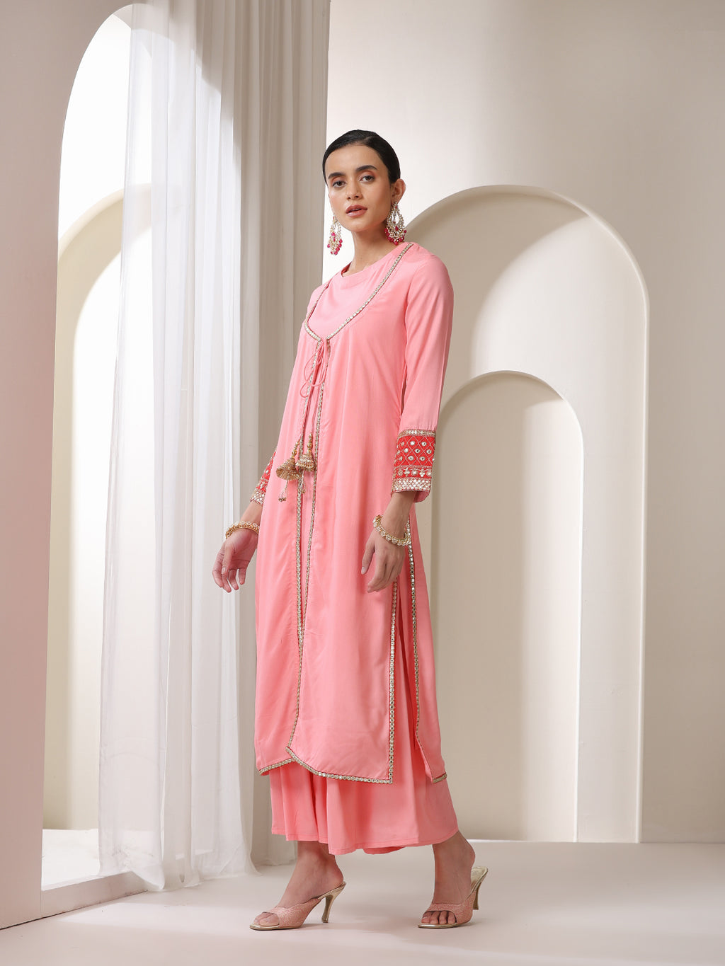 Floral Embroidered Sequinned Jacket Straight Kurta With Palazzos & Dupatta