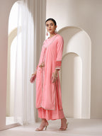 Floral Embroidered Sequinned Jacket Straight Kurta With Palazzos & Dupatta