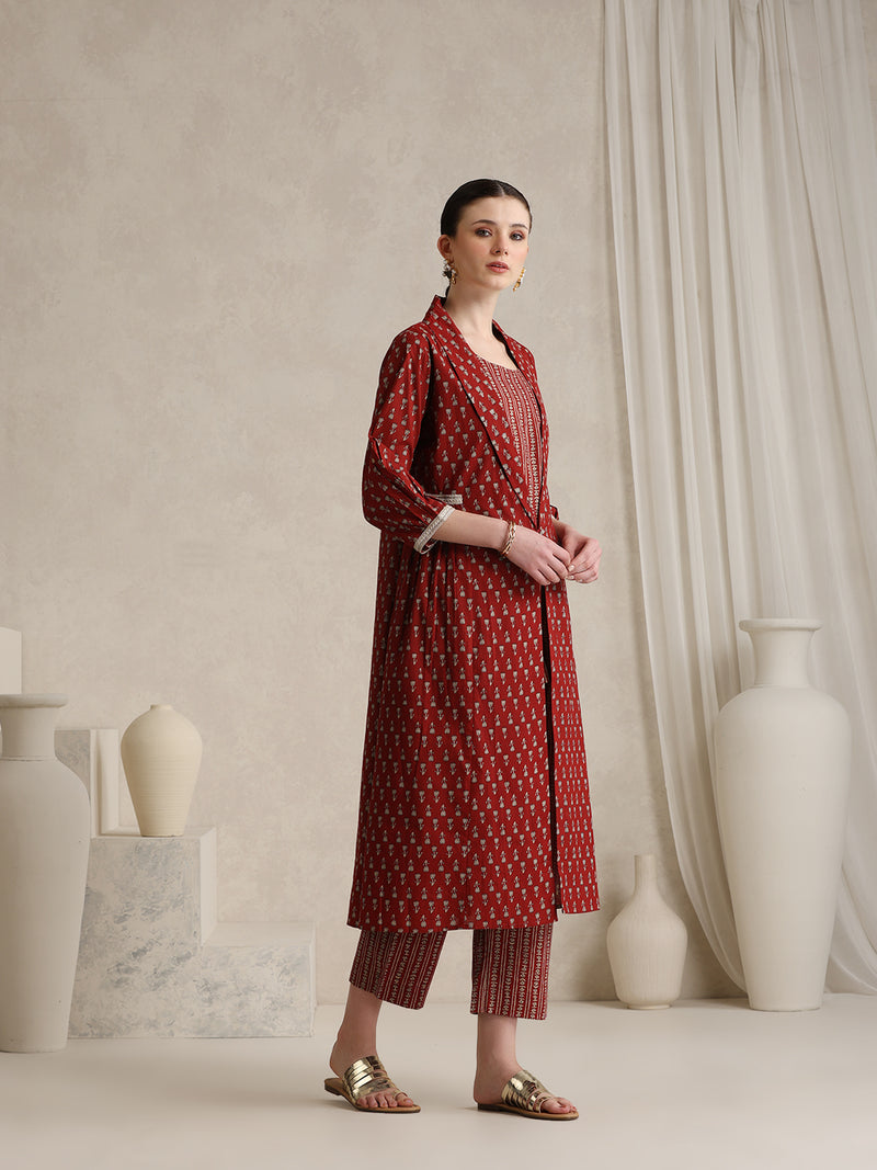 Rust Handblock Printed Cotton Co-ord Set with Jacket