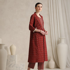 Rust Handblock Printed Cotton Co-ord Set with Jacket