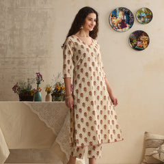 Khushal K Women Floral Printed Cream Regular Pure Cotton Kurta & Palazzo With Dupatta