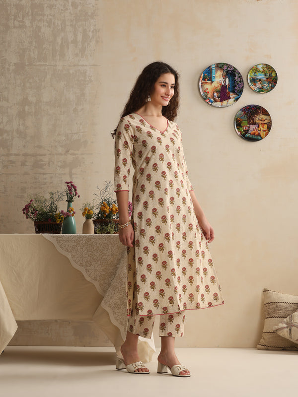 Khushal K Women Floral Printed Cream Regular Pure Cotton Kurta & Palazzo With Dupatta