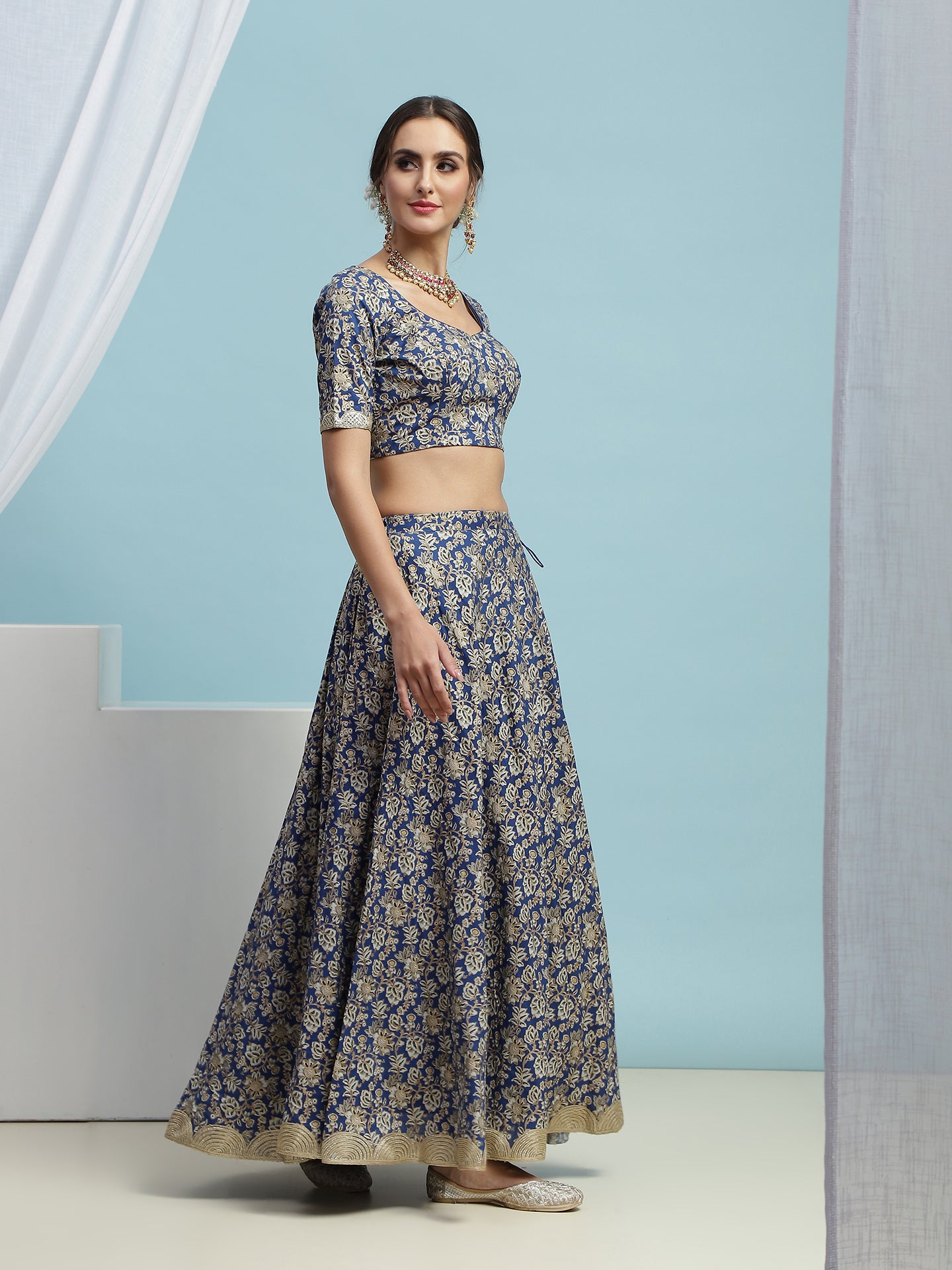Printed V-Neck Ready to Wear Lehenga & Blouse With Dupatta