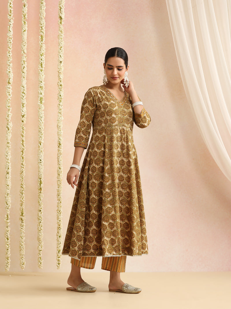 Women Ethnic Motifs Printed Cotton Anarkali Kurta with Palazzos & Dupatta