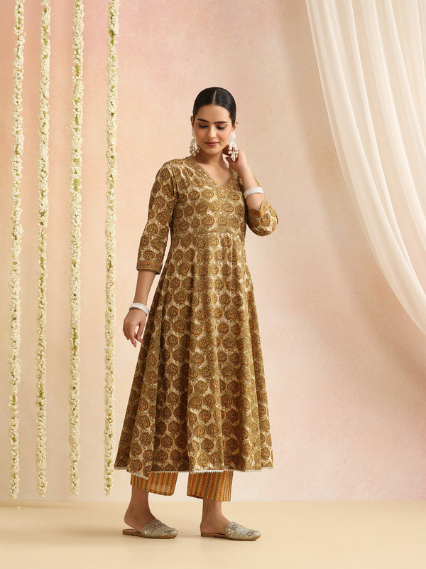 Women Ethnic Motifs Printed Cotton Anarkali Kurta with Palazzos & Dupatta