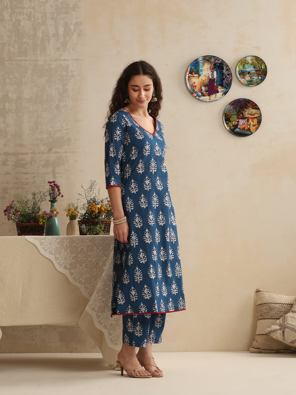 Khushal K Women Floral Printed Regular Pure Cotton Blue Kurta & Palazzo With Dupatta