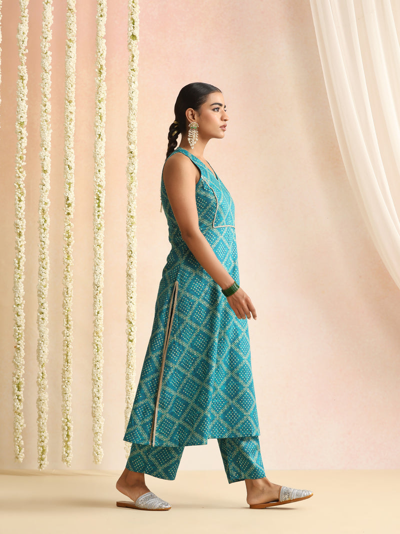 Turquoise & White Bandhani-Style Kurta Set