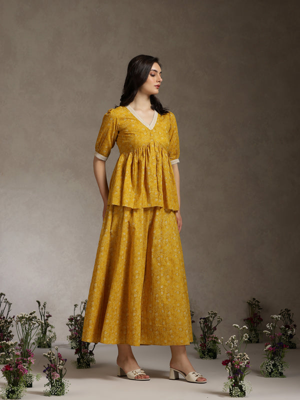 Yellow Printed Co-Ord Set with Lace Detil